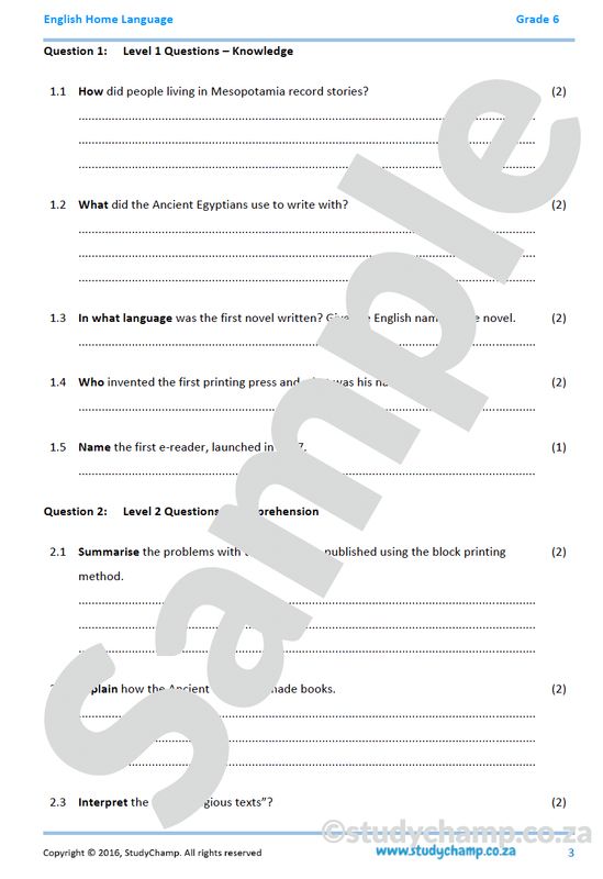 Grade 6 English Comprehension: Books