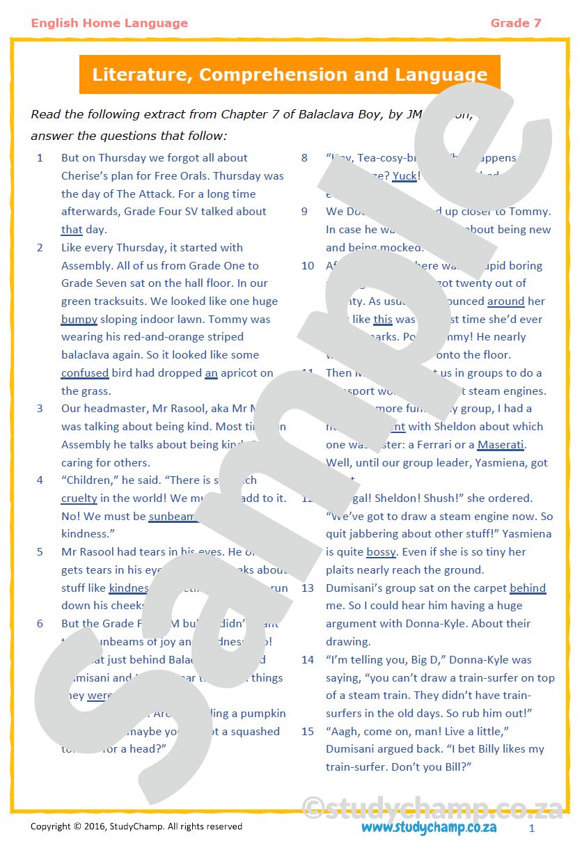 Grade 7 English Literature and Comprehension: Balaclava Boy