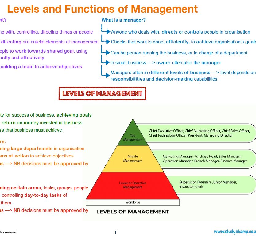 Grade 8 EMS Summary: Levels and Functions of Management