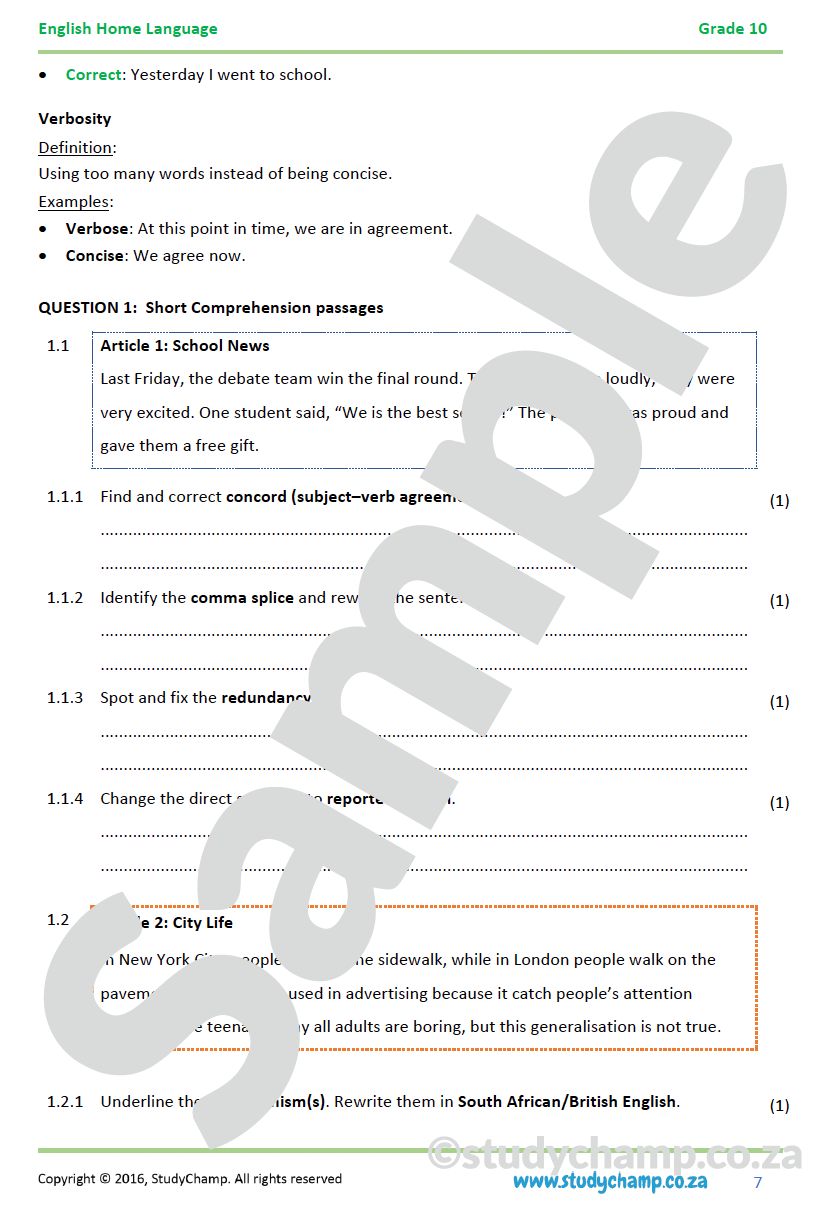 Grade 10 English: General Language Conventions
