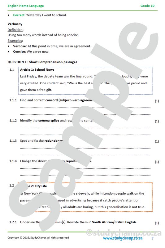 Grade 10 English: General Language Conventions