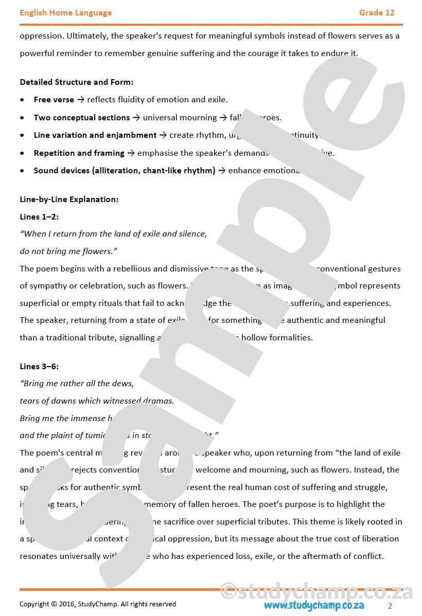 Grade 12 DOE English Home Language: Poetry - At a Funeral and Poem of Return