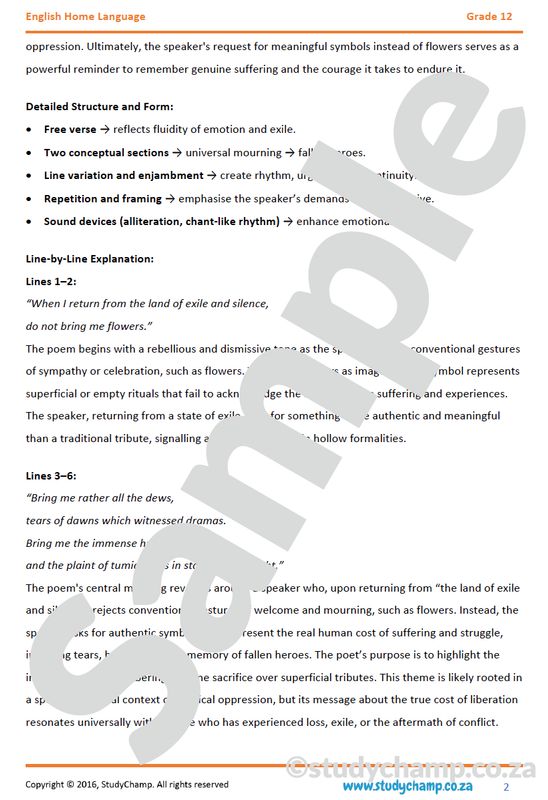 Grade 12 DOE English Home Language: Poetry - At a Funeral and Poem of Return