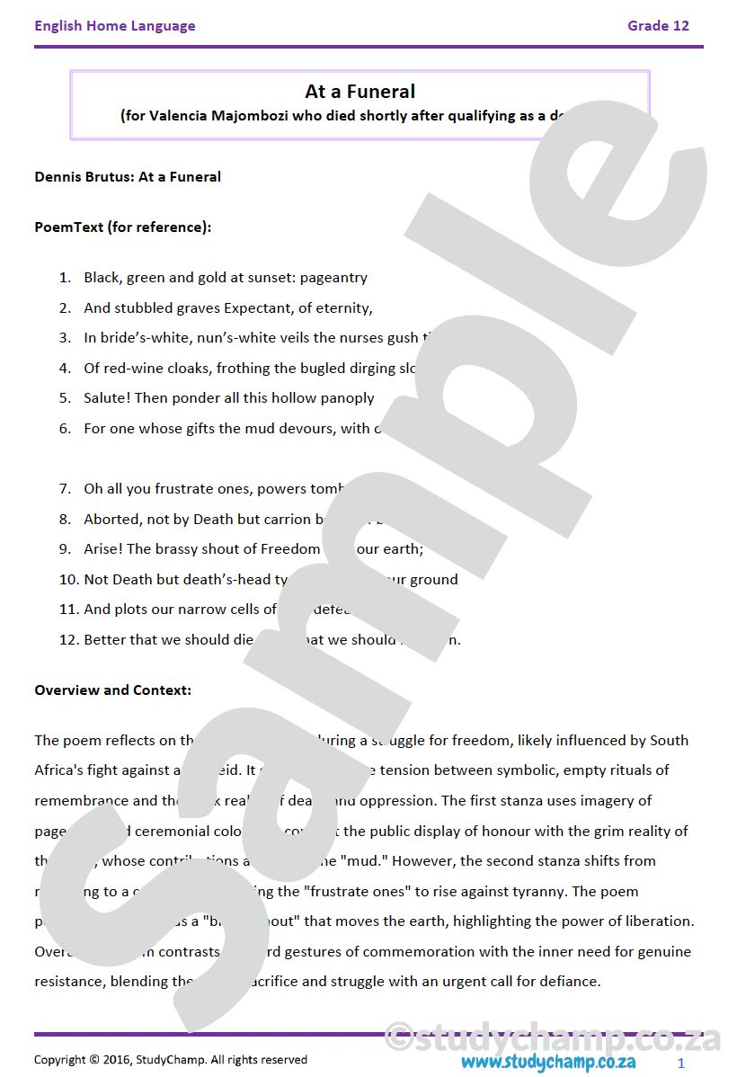 Grade 12 DOE English Home Language: Poetry - At a Funeral and Poem of Return