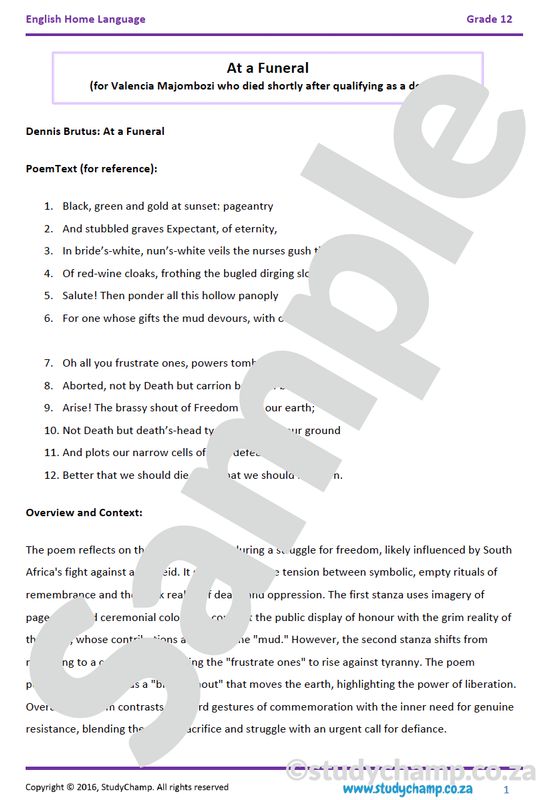Grade 12 DOE English Home Language: Poetry - At a Funeral and Poem of Return