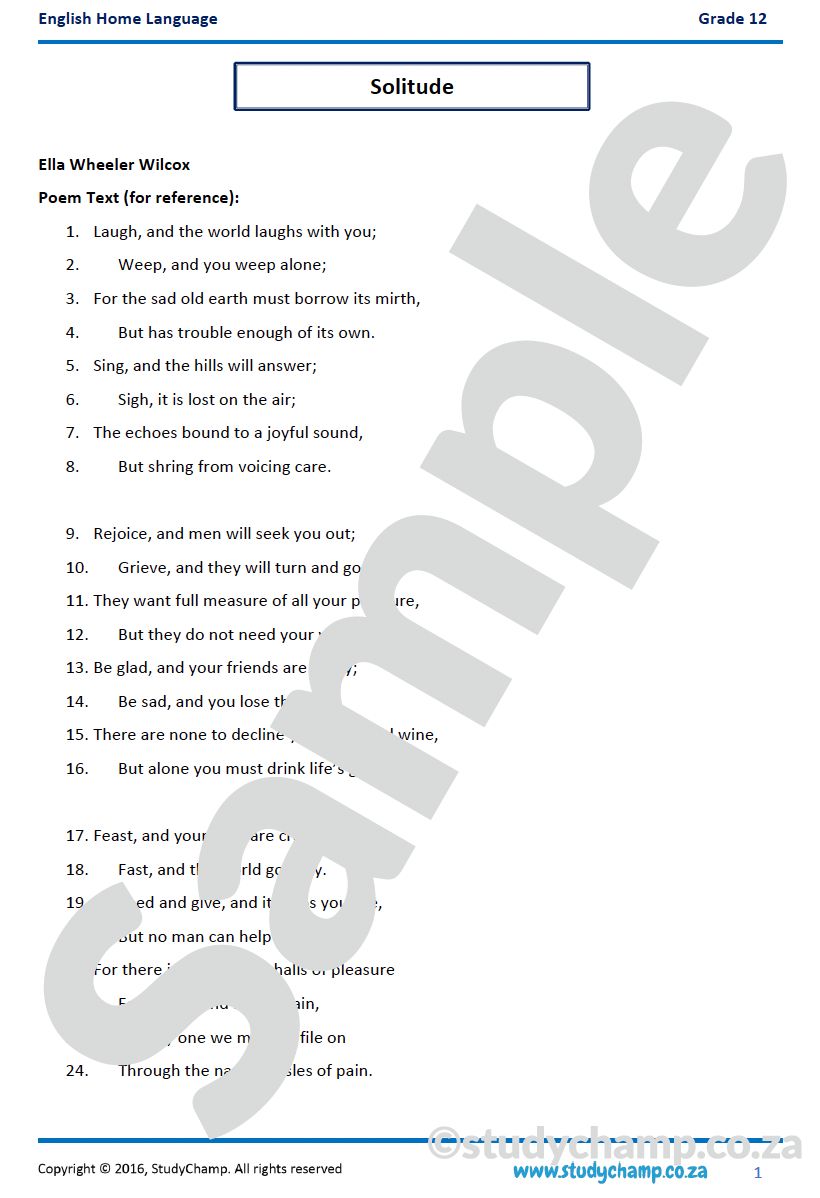 Grade 12 DOE English Home Language: Poetry - Prayer to Masks and Solitude