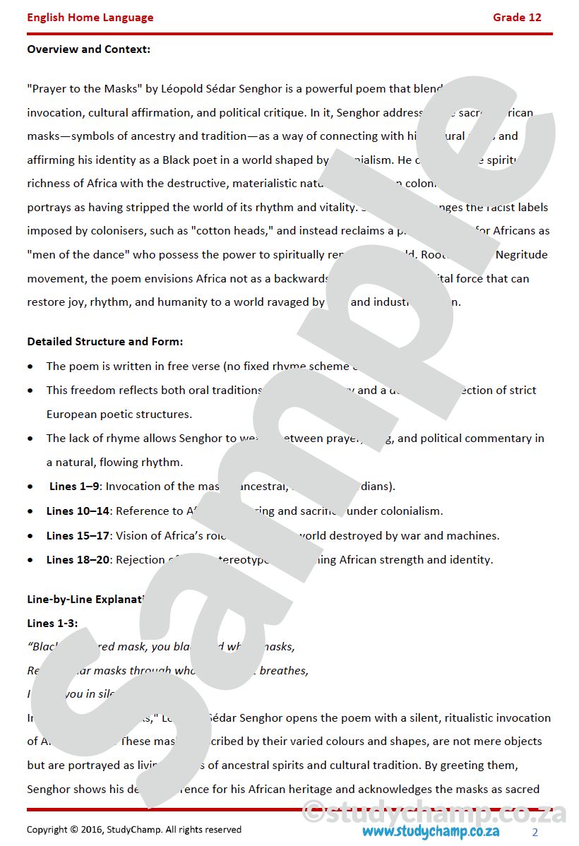 Grade 12 DOE English Home Language: Poetry - Prayer to Masks and Solitude