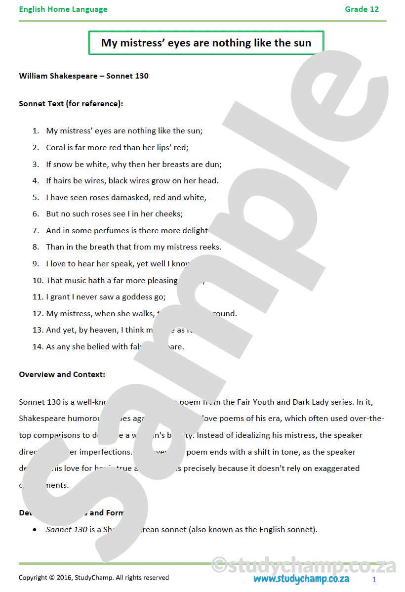 Grade 12 DOE English Home Language: Poetry - Sonnet 130 and Winter Coming