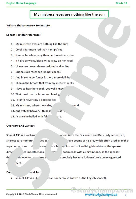 Grade 12 DOE English Home Language: Poetry - Sonnet 130 and Winter Coming
