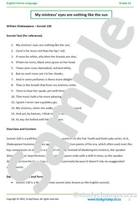 Grade 12 DOE English Home Language: Poetry - Sonnet 130 and Winter Coming