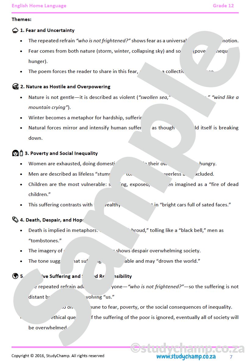 Grade 12 DOE English Home Language: Poetry - Sonnet 130 and Winter Coming