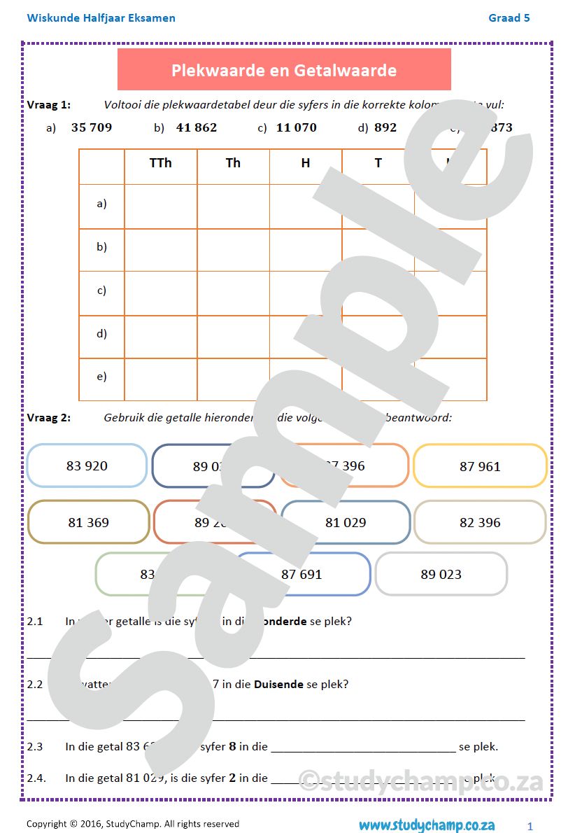 Graad 5 Wiskunde Halfjaar Hersiening: Werkboek 1