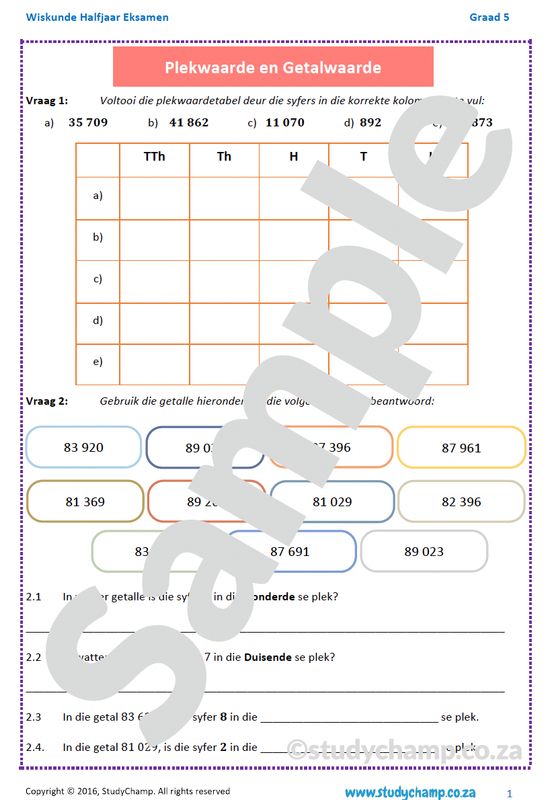 Graad 5 Wiskunde Halfjaar Hersiening: Werkboek 1