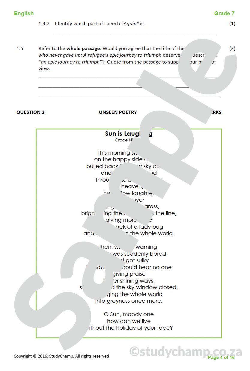Grade 7 English Year-end Exam Revision:  Comprehension, Language and Visual Literacy