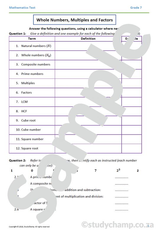 Grade 7 Mathematics Test: Numbers, Multiples and Factors