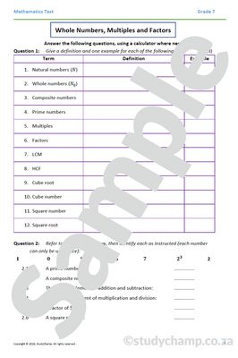 Grade 7 Mathematics Test: Numbers, Multiples and Factors
