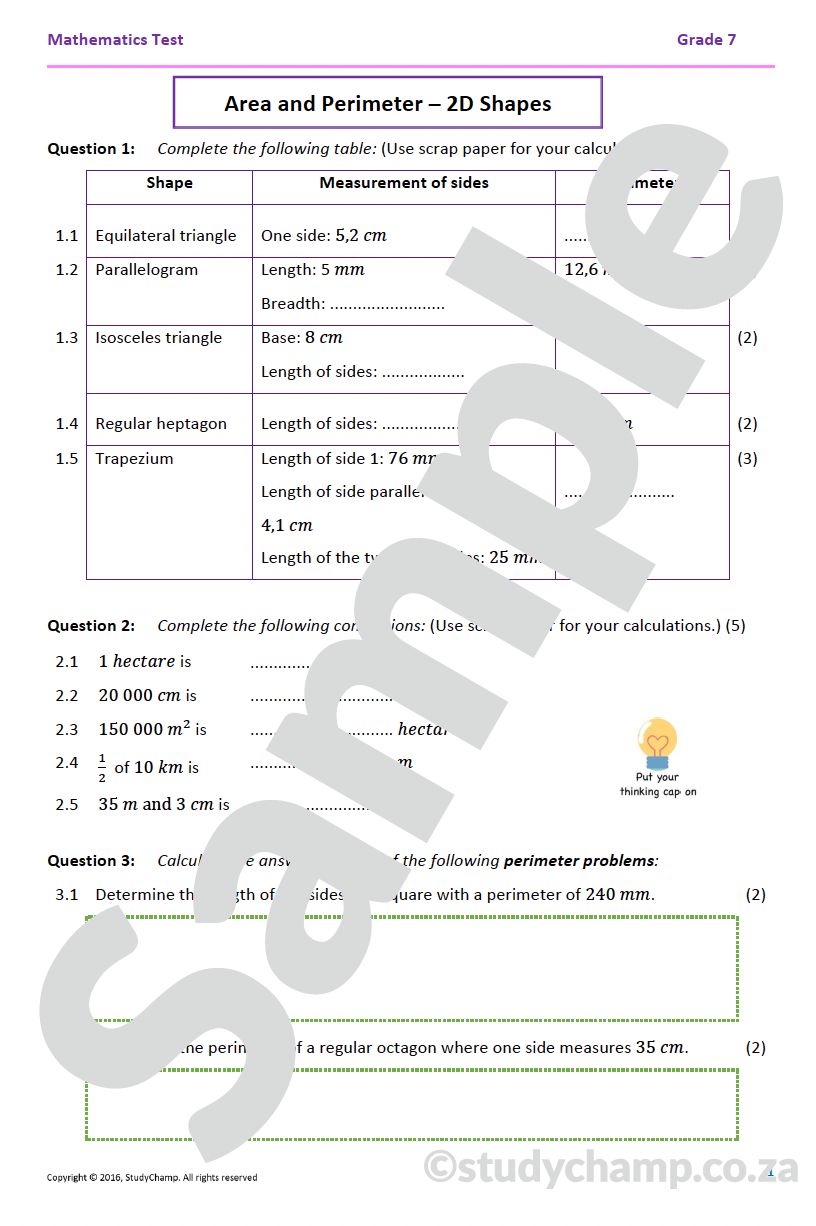 Grade 7 Mathematics Test: Measurement, Perimeter and Area