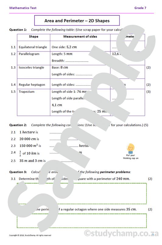 Grade 7 Mathematics Test: Measurement, Perimeter and Area