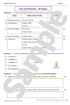 Grade 7 Mathematics Test: Measurement, Perimeter and Area