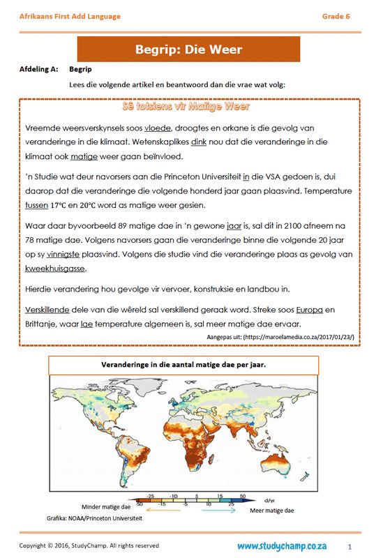 Grade 6 Afrikaans Begrip, Taal en Visuele Begrip: Die Weer