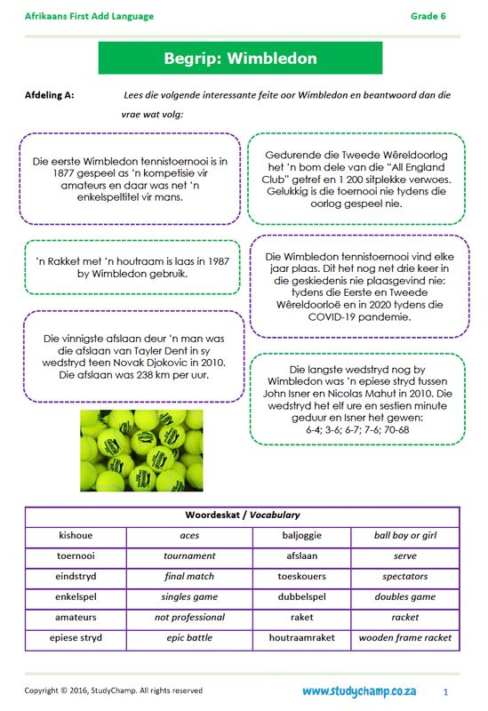 Grade 6 Afrikaans Begrip, Taal en Visuele Begrip: Wimbledon