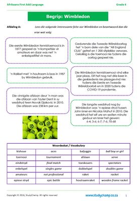 Grade 6 Afrikaans Begrip, Taal en Visuele Begrip: Wimbledon