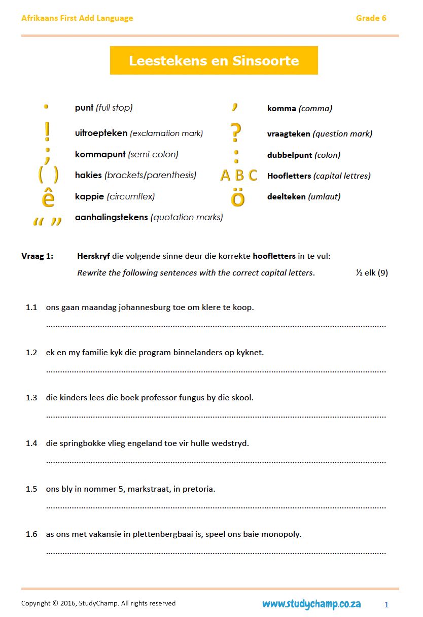 Grade 6 Afrikaans: Leestekens