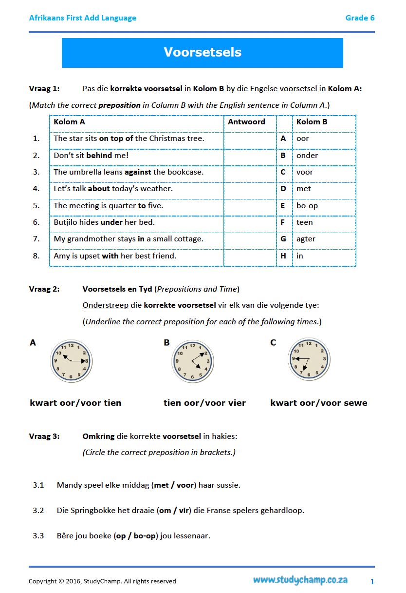 Grade 6 Afrikaans: Voorsetsels
