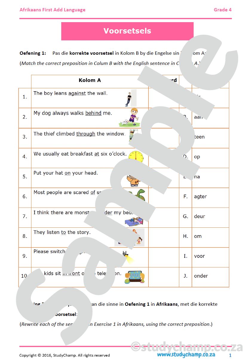 Grade 4 Afrikaans: Voorsetsels