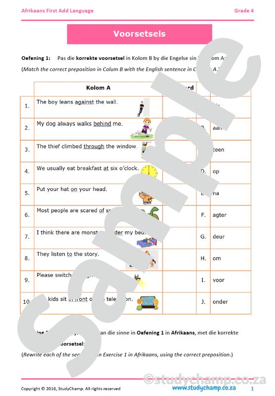 Grade 4 Afrikaans: Voorsetsels