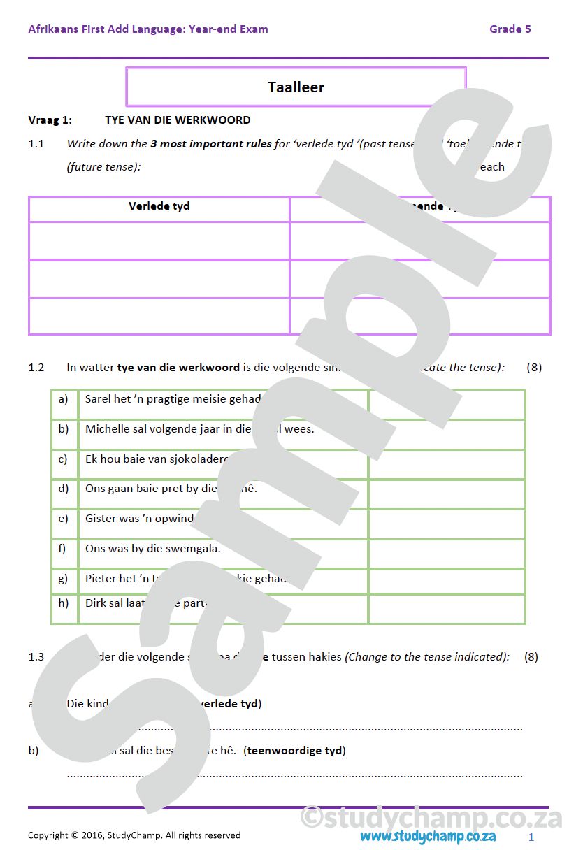 Grade 5 Afrikaans Year-end Exam: Language workbook
