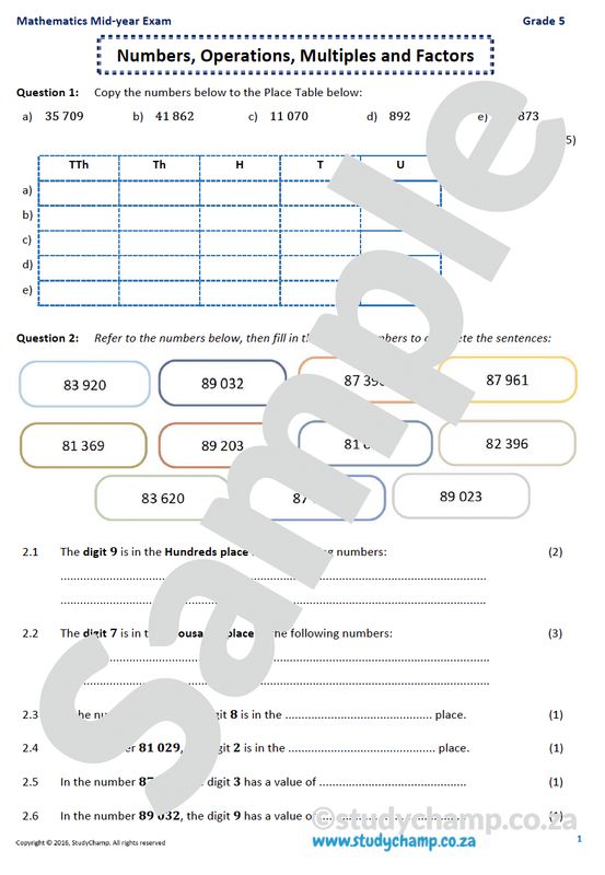 Grade 5 Mathematics Mid-Year Exam: Workbook 1