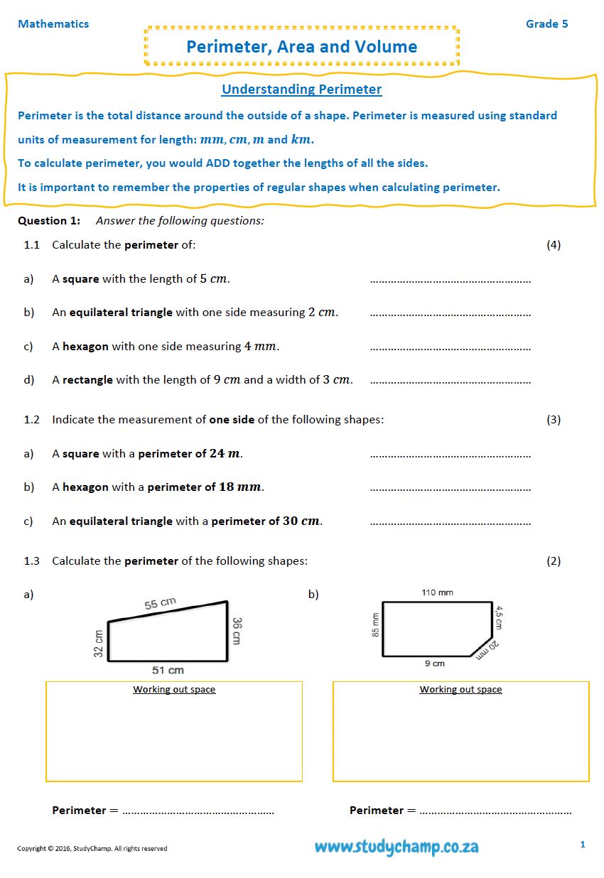 Grade 5 Mathematics Worksheet: Measurement - Perimeter, Area and Volume