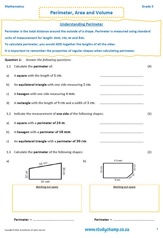 Grade 5 Mathematics Worksheet: Measurement - Perimeter, Area and Volume