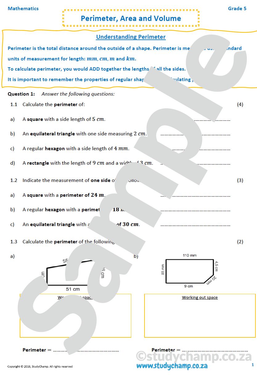 Grade 5 Mathematics Worksheet: Measurement - Perimeter, Area and Volume