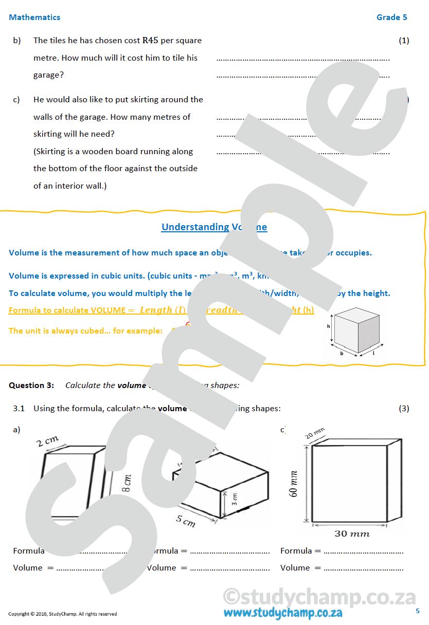 Grade 5 Mathematics Worksheet: Measurement - Perimeter, Area and Volume