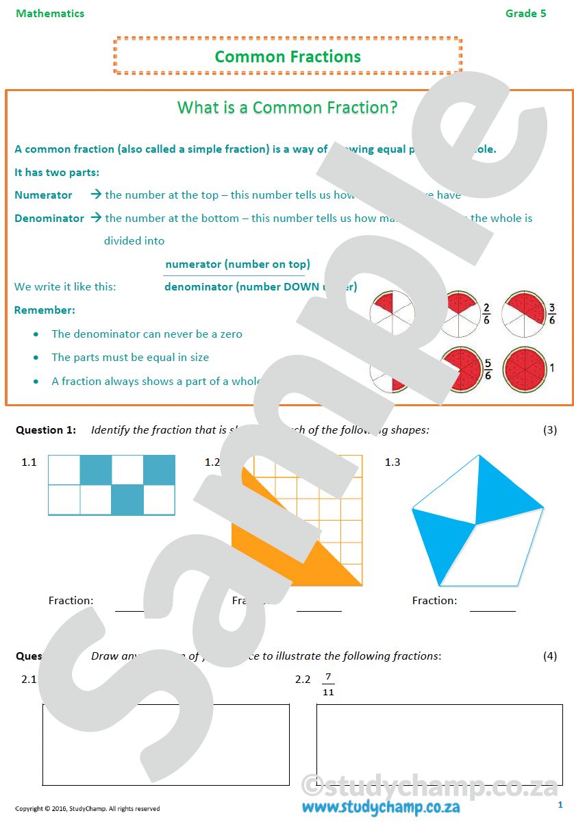 Grade 5 Mathematics Worksheet: Common Fractions