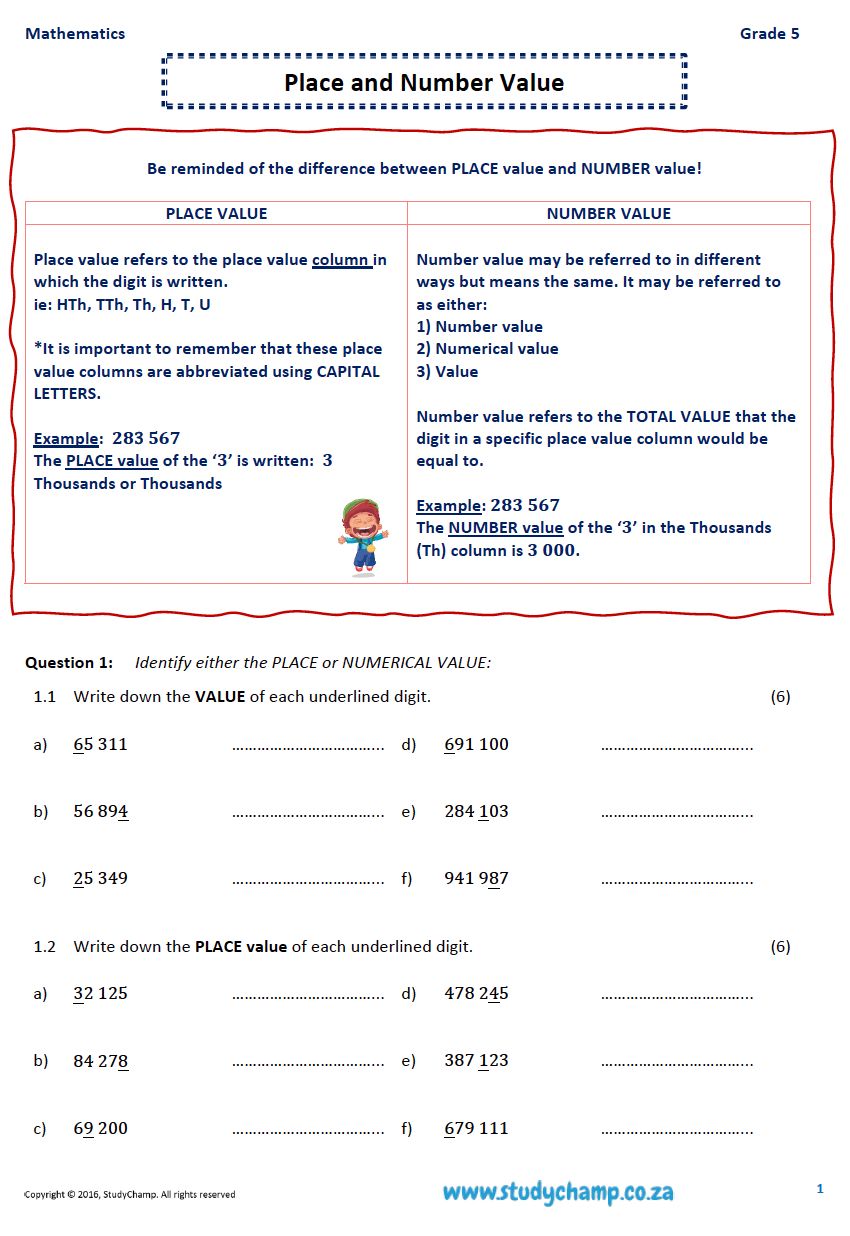 Grade 5 Mathematics Worksheet: Place value and Number value