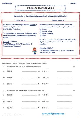 Grade 5 Mathematics Worksheet: Place value and Number value