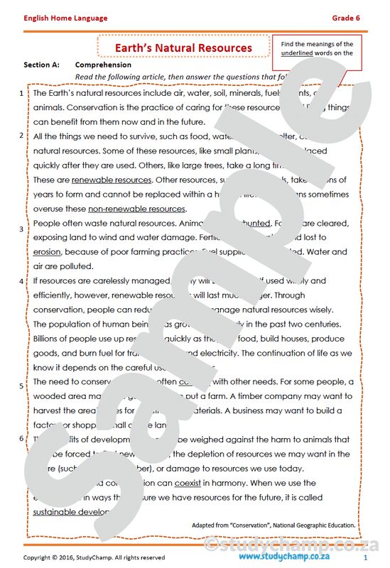 Grade 6 English Comprehension: Natural Resources
