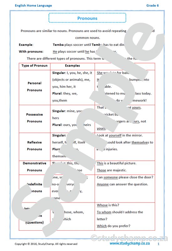 Grade 6 English Worksheet: Pronouns