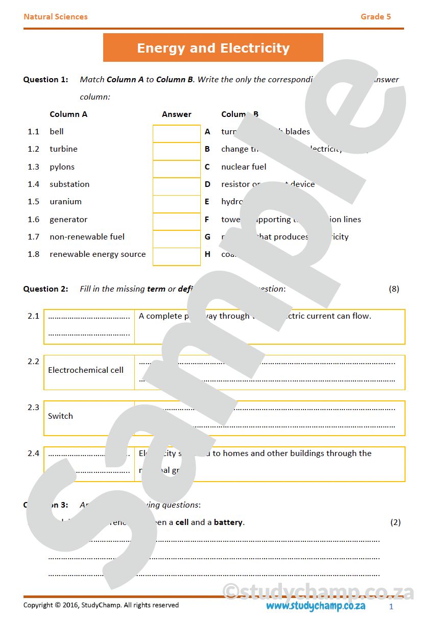 Grade 5 Natural Sciences Test: Energy and Mains Electricity