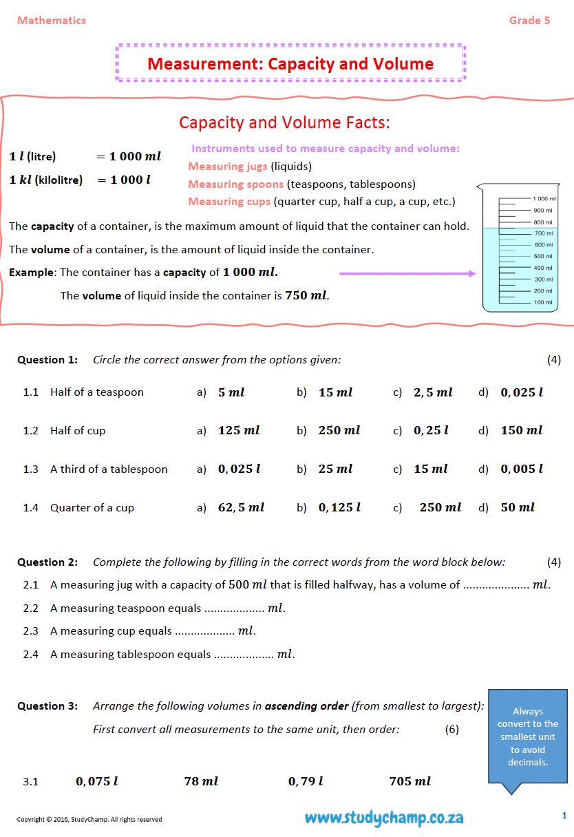 Grade 5 Mathematics Worksheet: Measurement - Capacity and Volume
