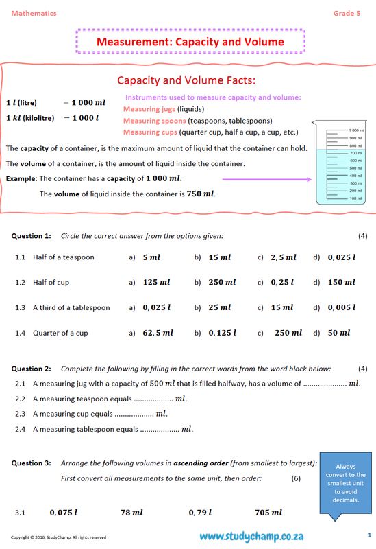 Grade 5 Mathematics Worksheet: Measurement - Capacity and Volume