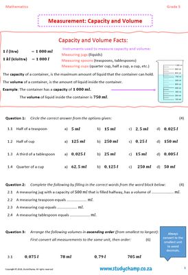 Grade 5 Mathematics Worksheet: Measurement - Capacity and Volume
