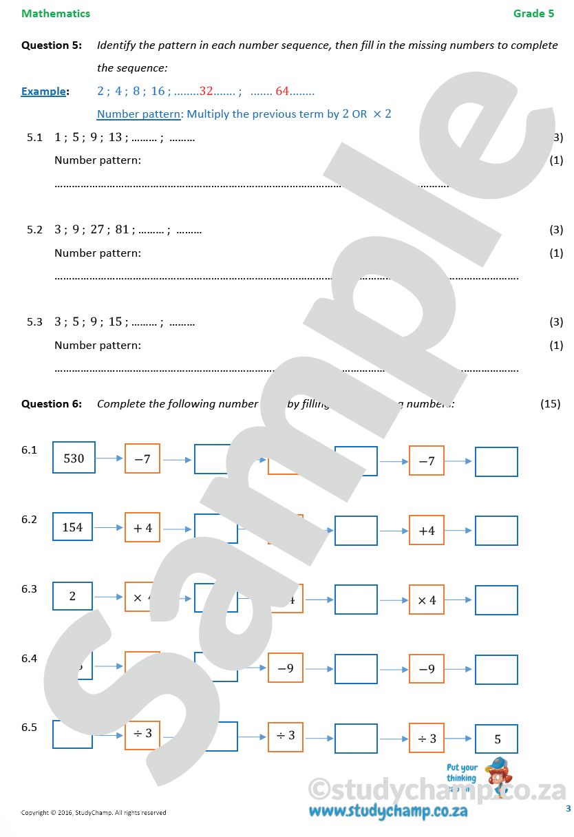 Grade 5 Mathematics Worksheet: Patterns and Algebra