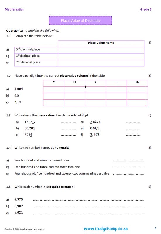 Grade 5 Mathematics Worksheet: Decimal Fractions