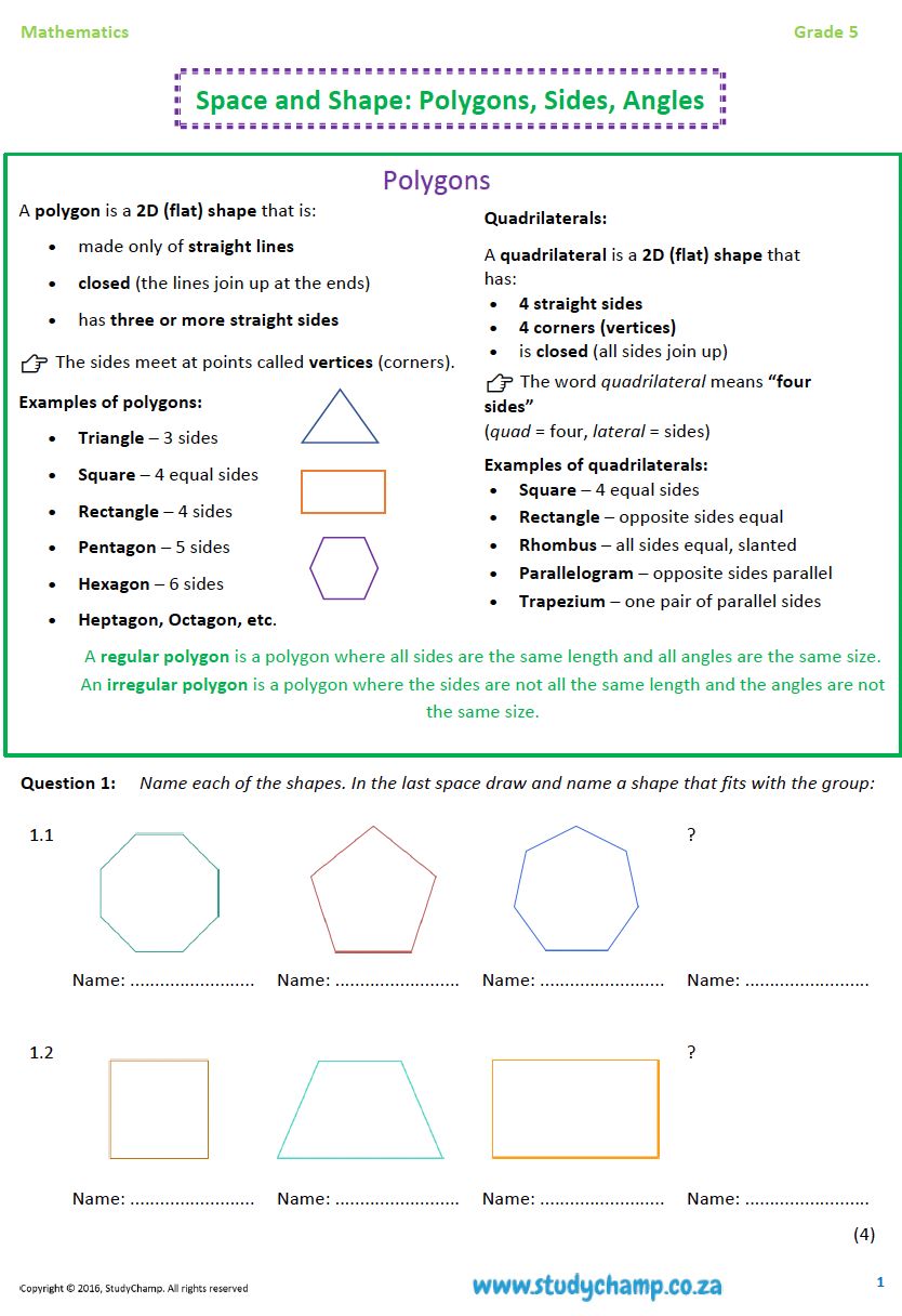 Grade 5 Mathematics Worksheet: Geometry - Lines, Angles and Polygons
