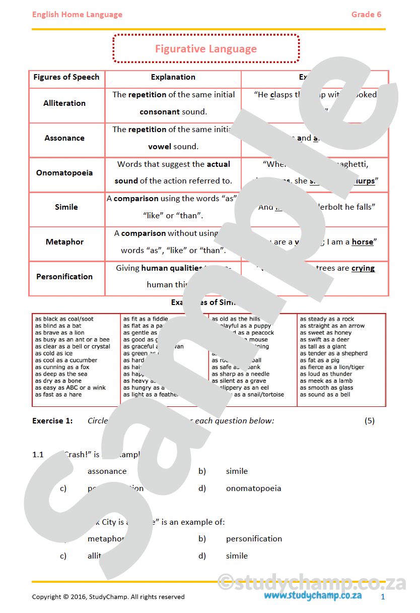 Grade 6 English Worksheet: Figures of Speech and Poetry