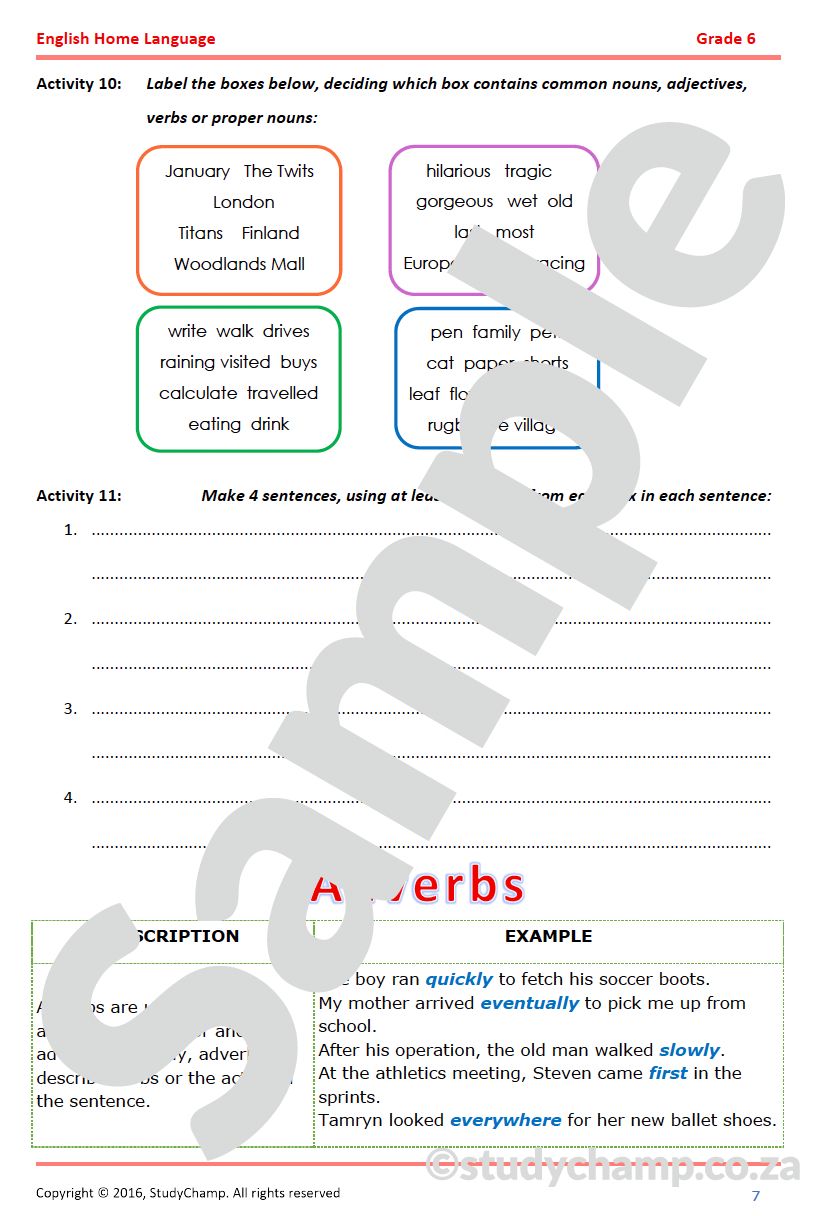 Grade 6 English Worksheet: Parts of Speech Complete